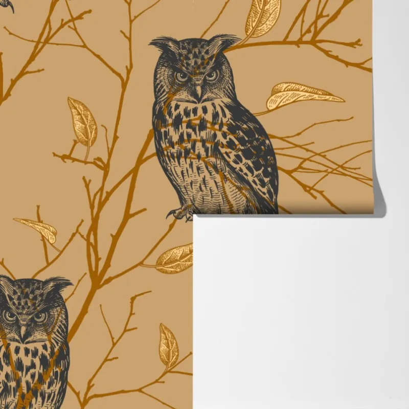 Fototapeta wzór ze złotymi sowami na beżowym tle – Wallissimo® Fototapeta wzór ze złotymi sowami na beżowym tle – Wallissimo®