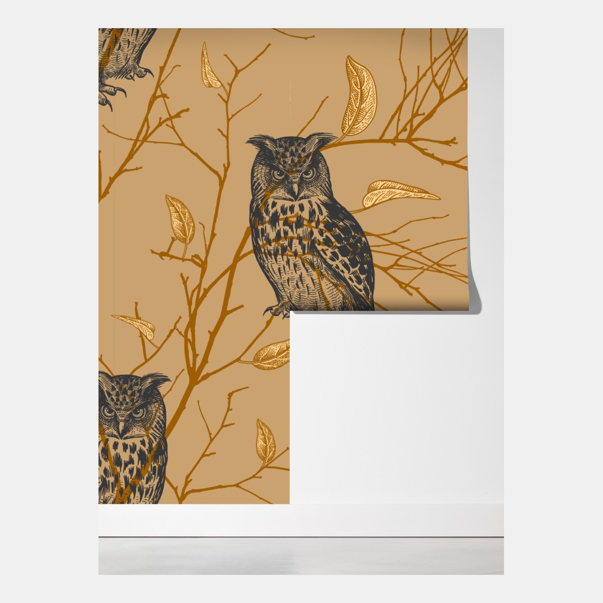 Fototapeta wzór ze złotymi sowami na beżowym tle – Wallissimo® Fototapeta wzór ze złotymi sowami na beżowym tle – Wallissimo®