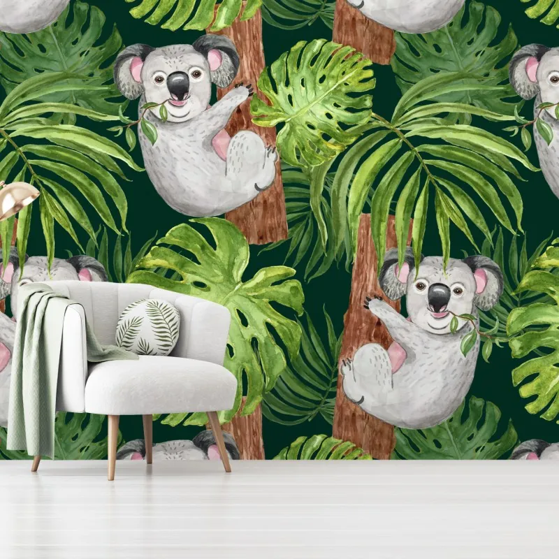 Fototapeta uroczy wzór z koalami i tropikalnymi liśćmi w akwareli