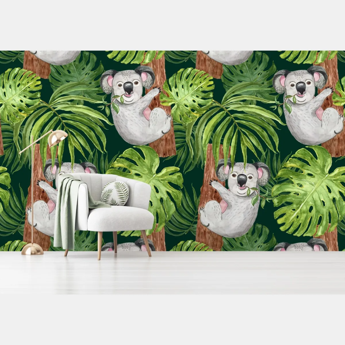 Fototapeta uroczy wzór z koalami i tropikalnymi liśćmi w akwareli – Wallissimo® Fototapeta uroczy wzór z koalami i tropikalnymi liśćmi w akwareli – Wallissimo®