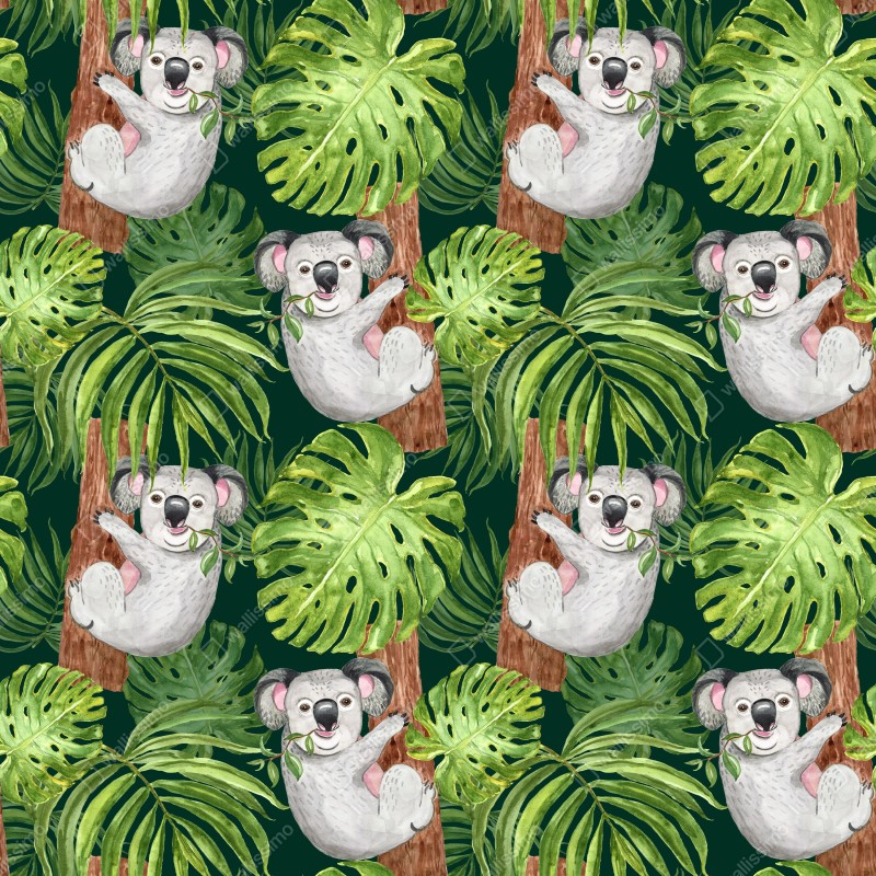 Fototapeta uroczy wzór z koalami i tropikalnymi liśćmi w akwareli – Wallissimo® Fototapeta uroczy wzór z koalami i tropikalnymi liśćmi w akwareli – Wallissimo®