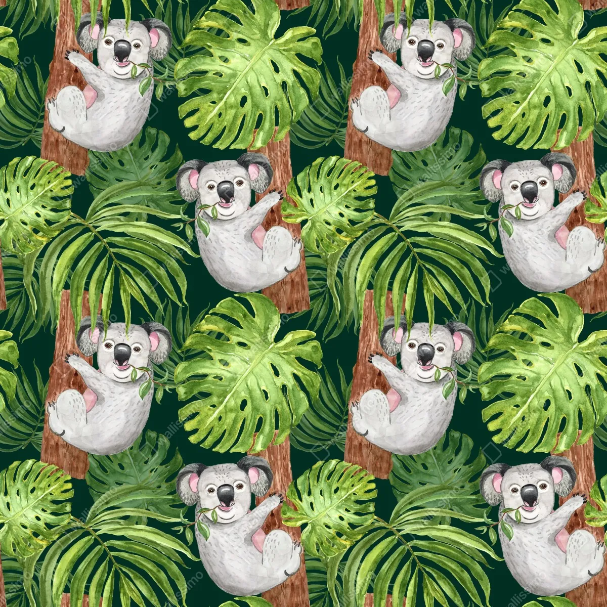 Fototapeta uroczy wzór z koalami i tropikalnymi liśćmi w akwareli – Wallissimo® Fototapeta uroczy wzór z koalami i tropikalnymi liśćmi w akwareli – Wallissimo®