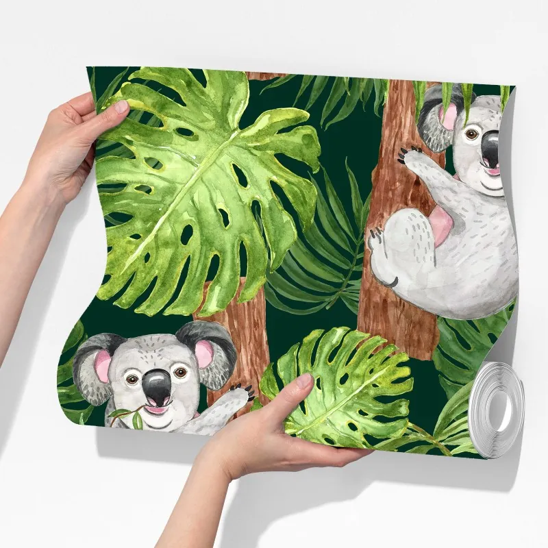 Fototapeta uroczy wzór z koalami i tropikalnymi liśćmi w akwareli – Wallissimo® Fototapeta uroczy wzór z koalami i tropikalnymi liśćmi w akwareli – Wallissimo®