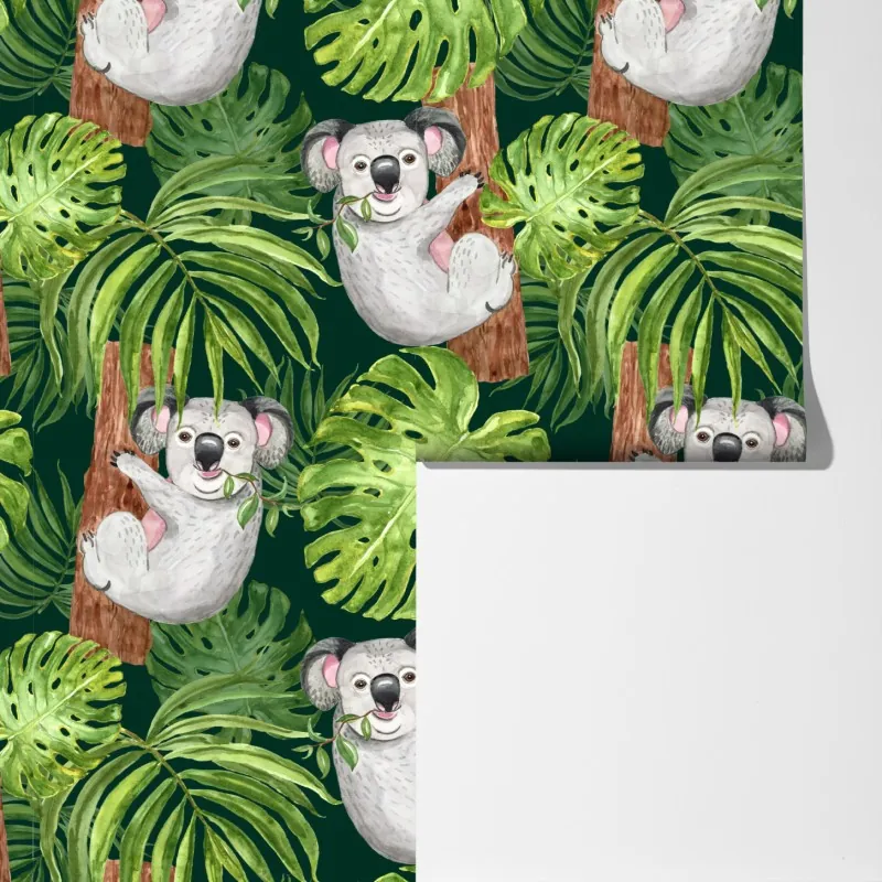 Fototapeta uroczy wzór z koalami i tropikalnymi liśćmi w akwareli – Wallissimo® Fototapeta uroczy wzór z koalami i tropikalnymi liśćmi w akwareli – Wallissimo®