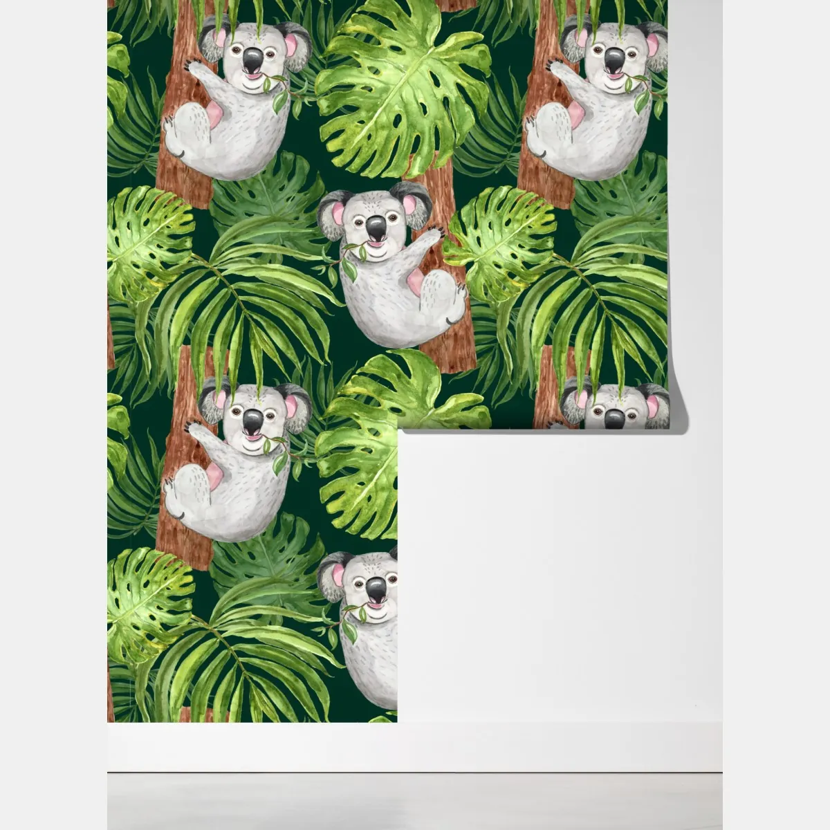 Fototapeta uroczy wzór z koalami i tropikalnymi liśćmi w akwareli – Wallissimo® Fototapeta uroczy wzór z koalami i tropikalnymi liśćmi w akwareli – Wallissimo®