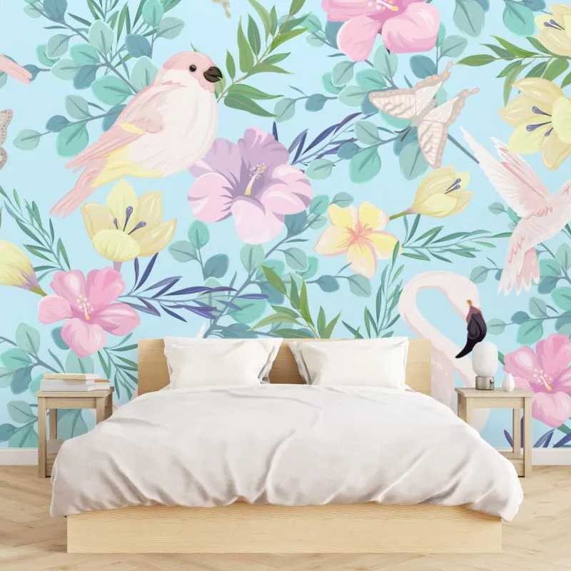Fototapeta pastelowy wzór z tropikalnymi ptakami i kwiatami