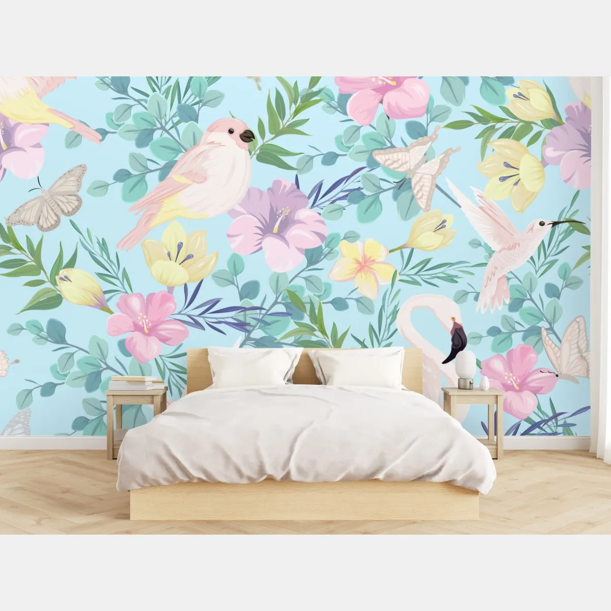 Fototapeta pastelowy wzór z tropikalnymi ptakami i kwiatami – Wallissimo® Fototapeta pastelowy wzór z tropikalnymi ptakami i kwiatami – Wallissimo®