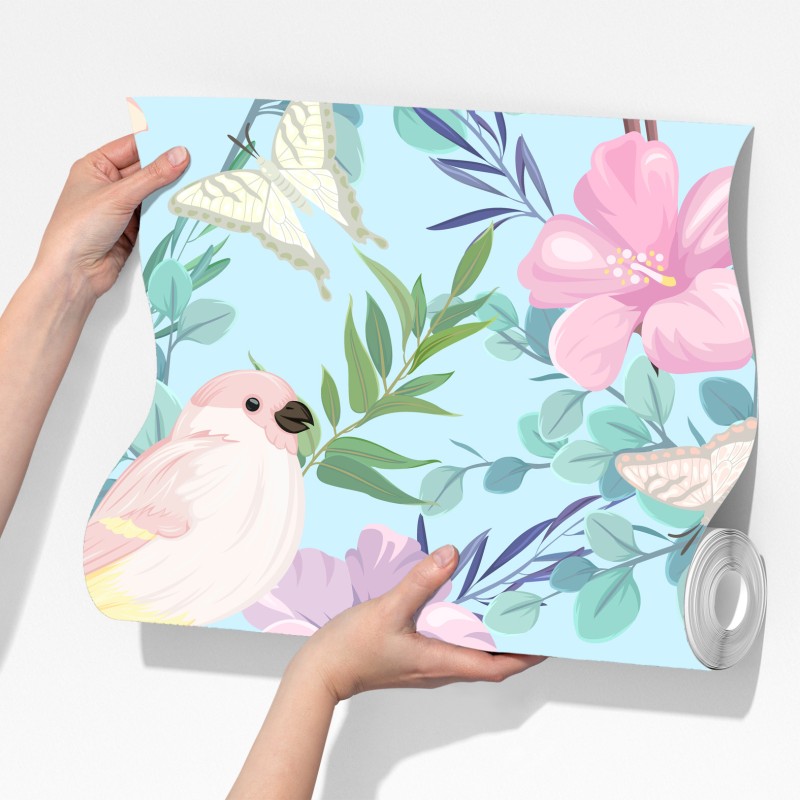 Fototapeta pastelowy wzór z tropikalnymi ptakami i kwiatami – Wallissimo® Fototapeta pastelowy wzór z tropikalnymi ptakami i kwiatami – Wallissimo®