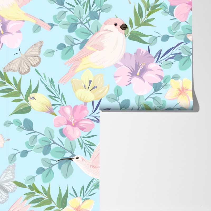 Fototapeta pastelowy wzór z tropikalnymi ptakami i kwiatami – Wallissimo® Fototapeta pastelowy wzór z tropikalnymi ptakami i kwiatami – Wallissimo®