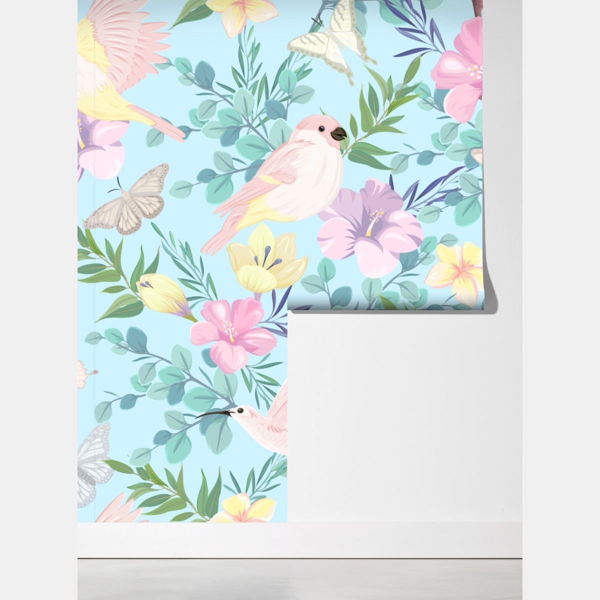 Fototapeta pastelowy wzór z tropikalnymi ptakami i kwiatami – Wallissimo® Fototapeta pastelowy wzór z tropikalnymi ptakami i kwiatami – Wallissimo®