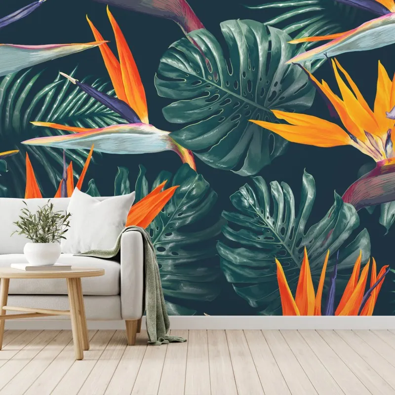 Fototapeta egzotyczny motyw rajskich ptaków i liści monstery