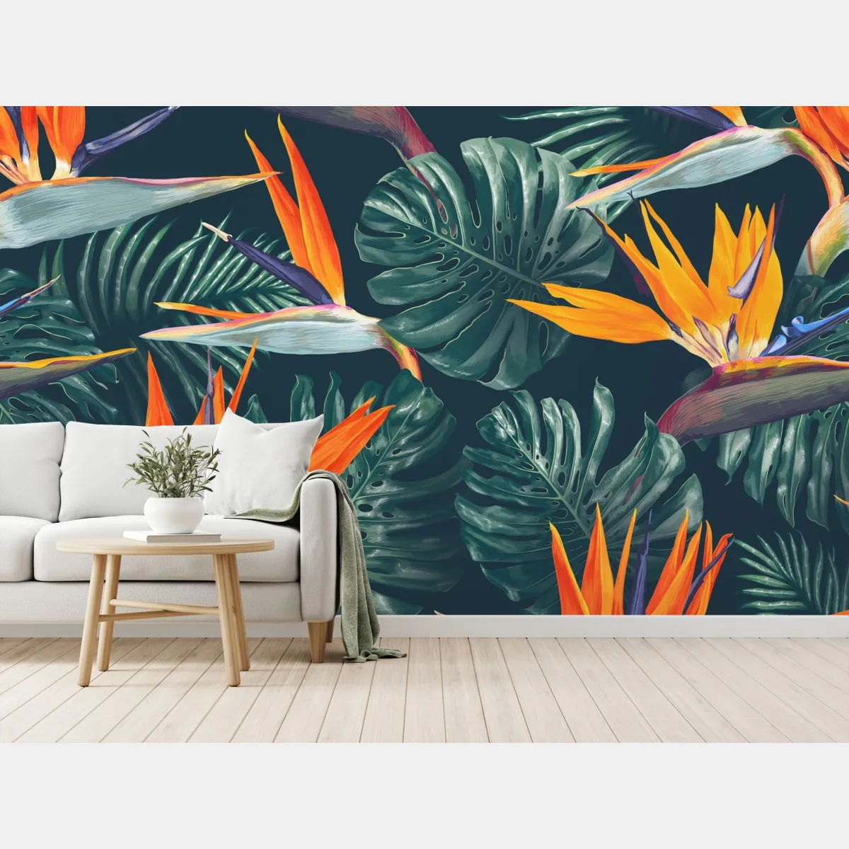 Fototapeta egzotyczny motyw rajskich ptaków i liści monstery – Wallissimo® Fototapeta egzotyczny motyw rajskich ptaków i liści monstery – Wallissimo®