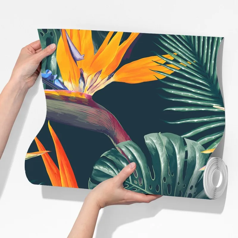 Fototapeta egzotyczny motyw rajskich ptaków i liści monstery – Wallissimo® Fototapeta egzotyczny motyw rajskich ptaków i liści monstery – Wallissimo®