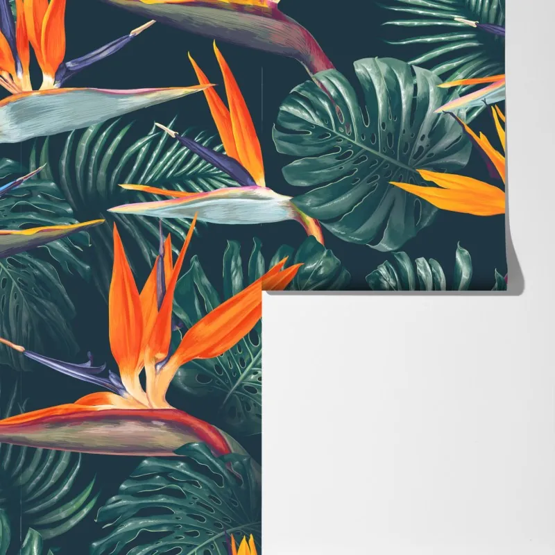 Fototapeta egzotyczny motyw rajskich ptaków i liści monstery – Wallissimo® Fototapeta egzotyczny motyw rajskich ptaków i liści monstery – Wallissimo®