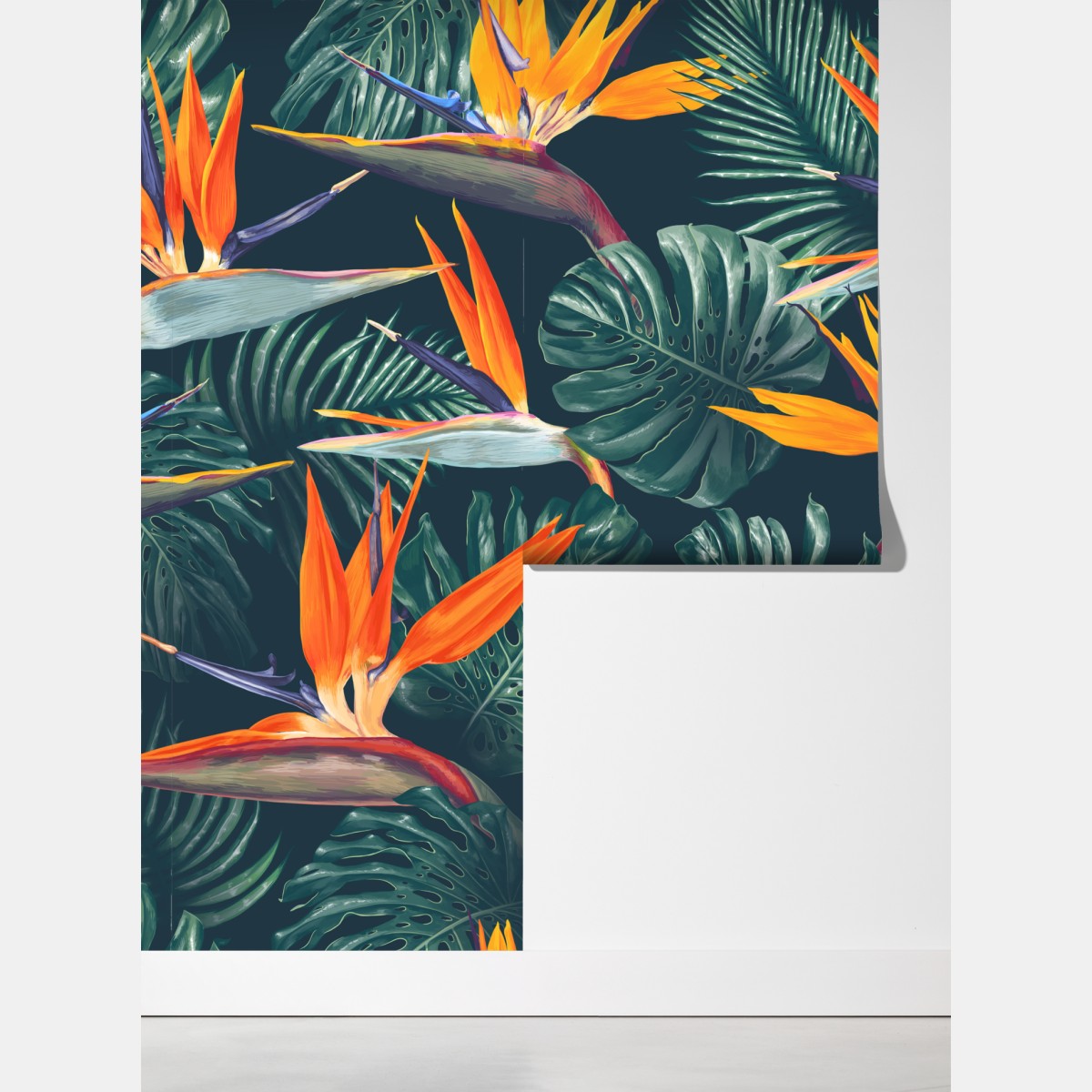 Fototapeta egzotyczny motyw rajskich ptaków i liści monstery – Wallissimo® Fototapeta egzotyczny motyw rajskich ptaków i liści monstery – Wallissimo®