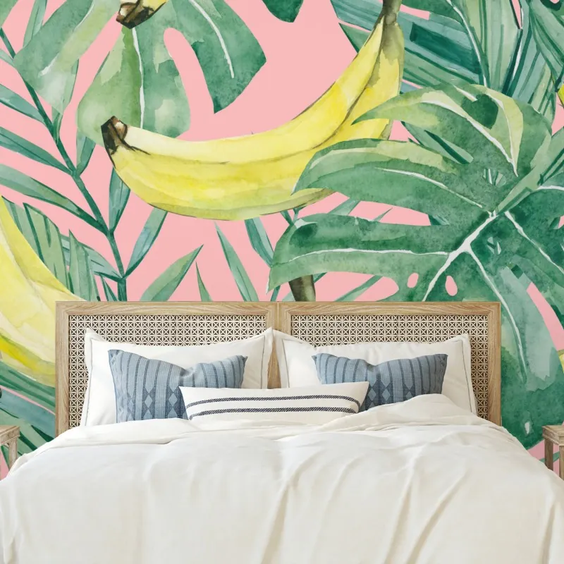 Fototapeta akwarelowy wzór z bananami i liśćmi na różowym tle