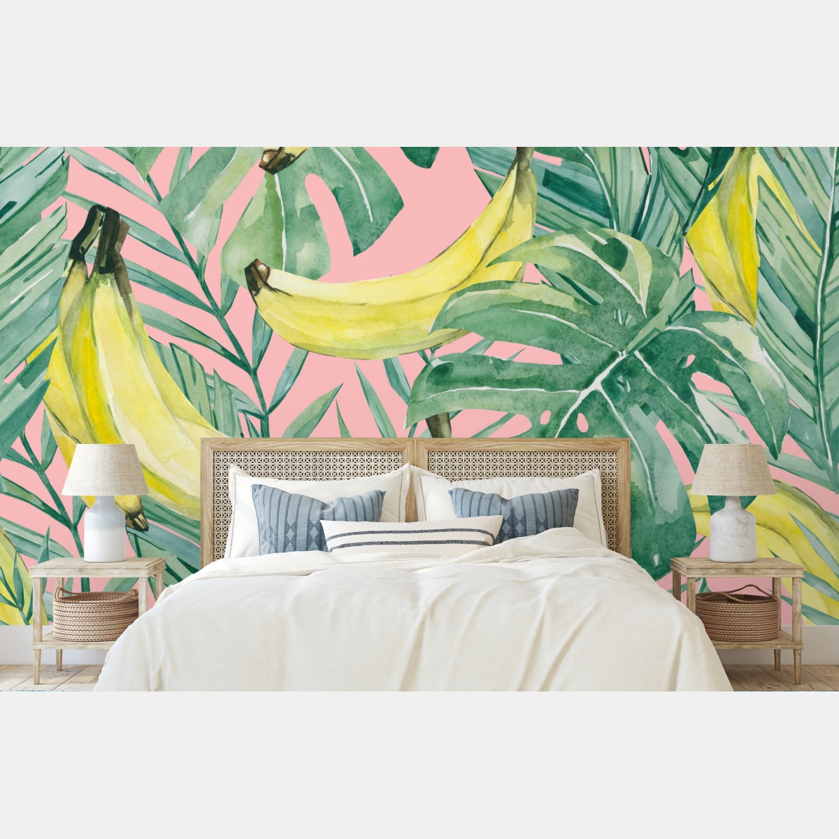 Wall mural watercolor banana leaves pattern on pink