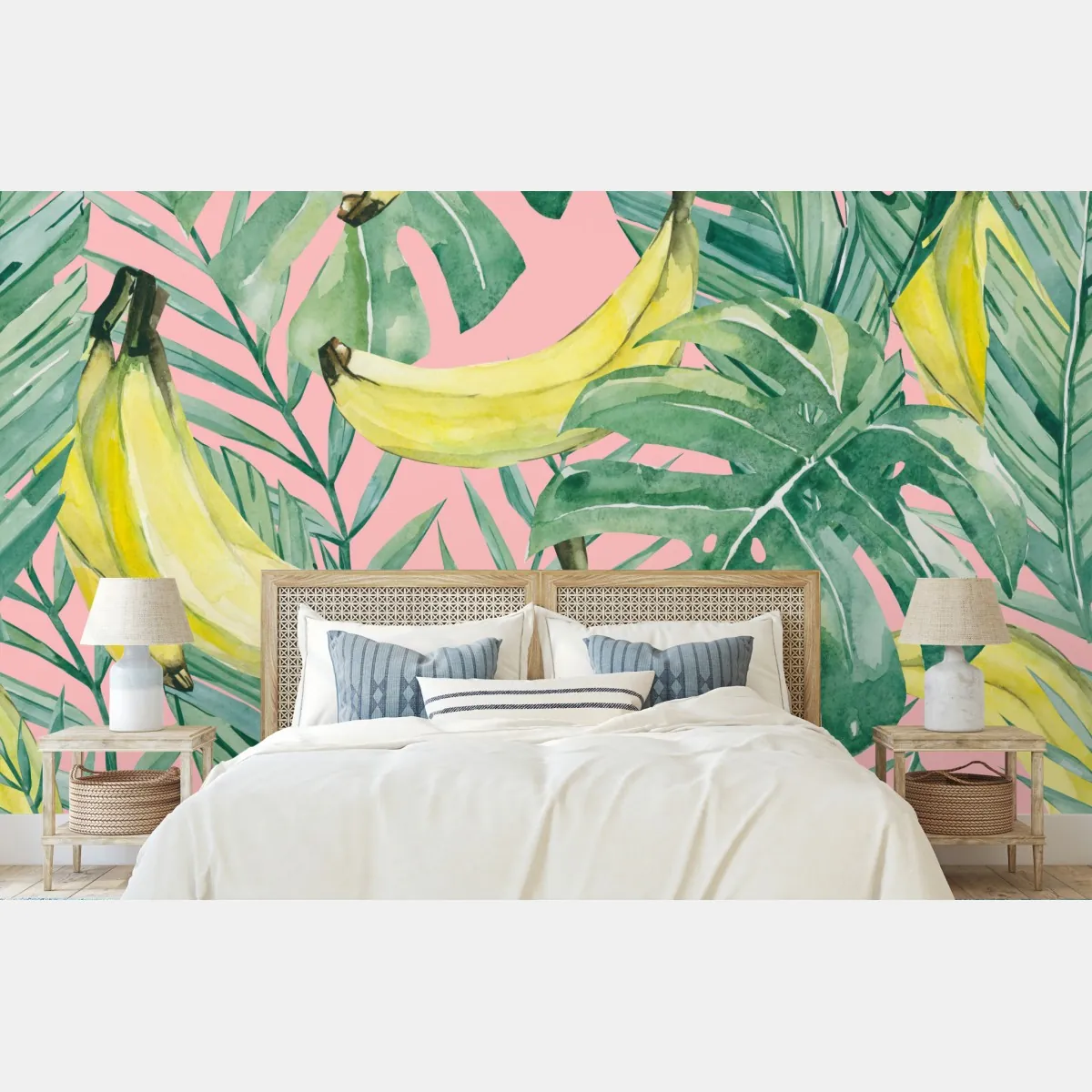 Fototapeta akwarelowy wzór z bananami i liśćmi na różowym tle – Wallissimo® Fototapeta akwarelowy wzór z bananami i liśćmi na różowym tle – Wallissimo®