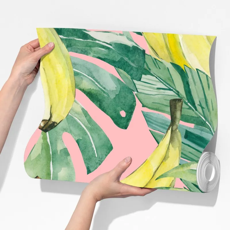 Fototapeta akwarelowy wzór z bananami i liśćmi na różowym tle – Wallissimo® Fototapeta akwarelowy wzór z bananami i liśćmi na różowym tle – Wallissimo®