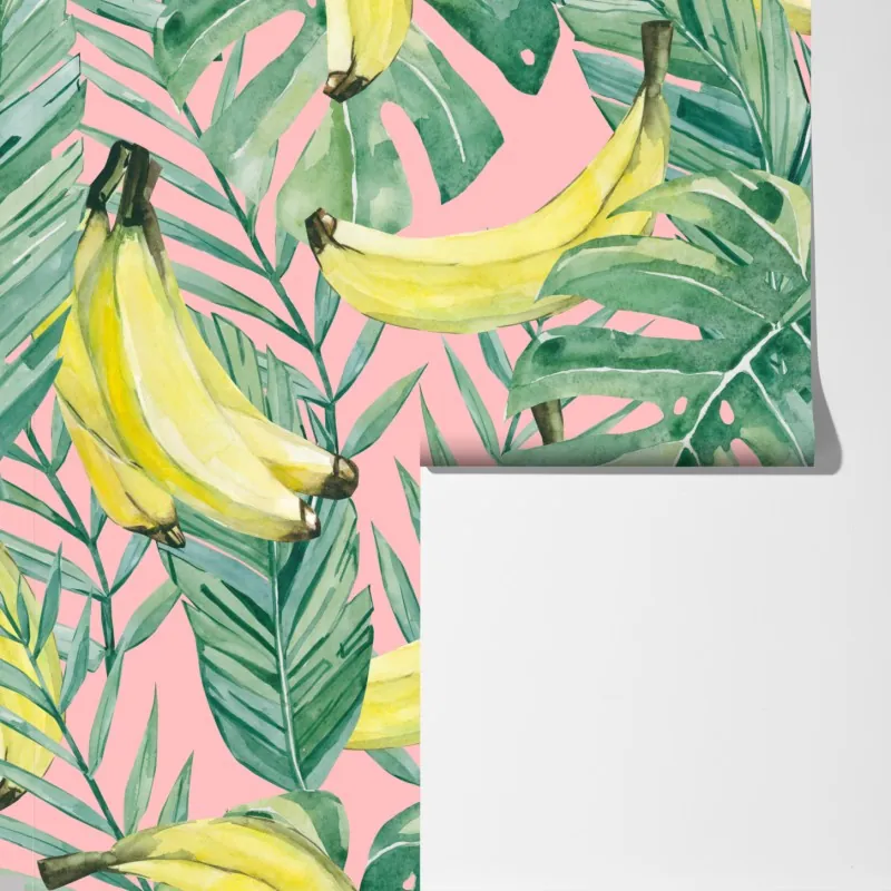Fototapeta akwarelowy wzór z bananami i liśćmi na różowym tle – Wallissimo® Fototapeta akwarelowy wzór z bananami i liśćmi na różowym tle – Wallissimo®