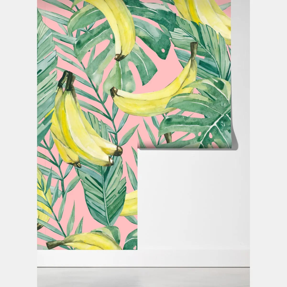 Fototapeta akwarelowy wzór z bananami i liśćmi na różowym tle – Wallissimo® Fototapeta akwarelowy wzór z bananami i liśćmi na różowym tle – Wallissimo®