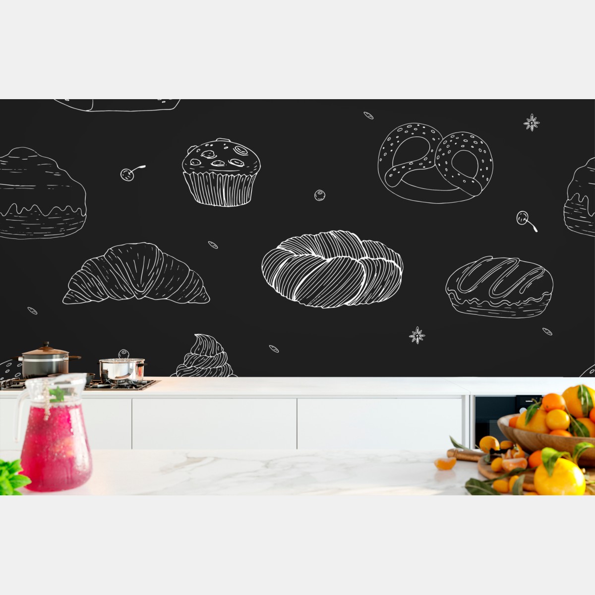 Wall mural hand-drawn bakery pattern on dark background