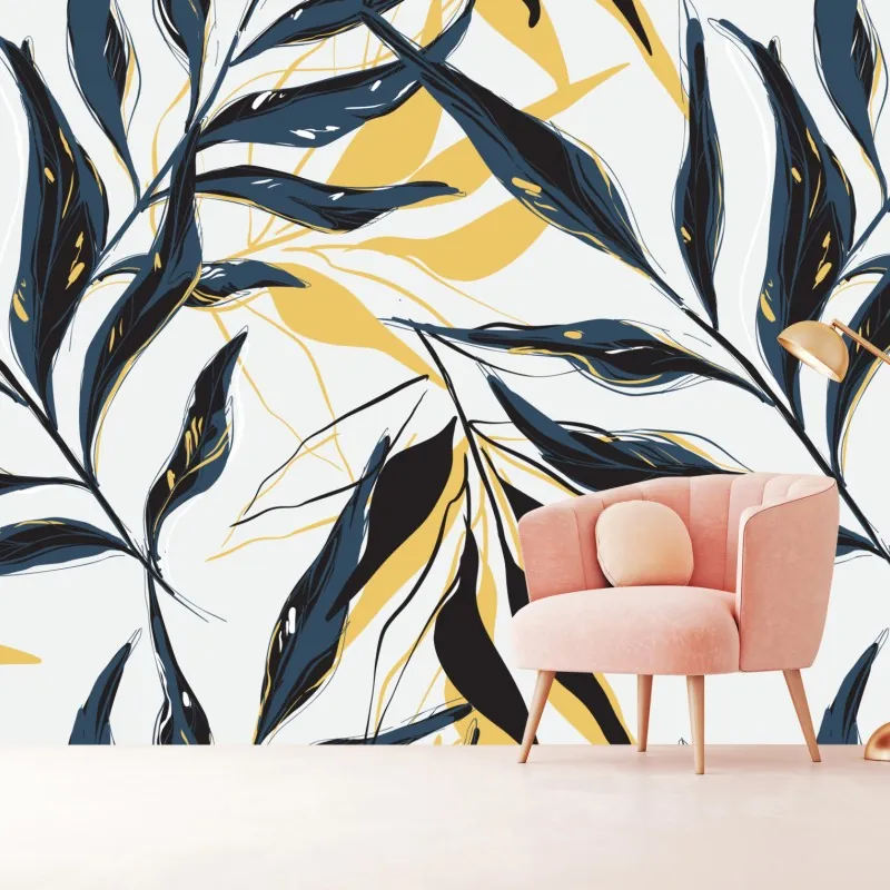 Fototapeta granatowo-złoty botaniczny wzór liści