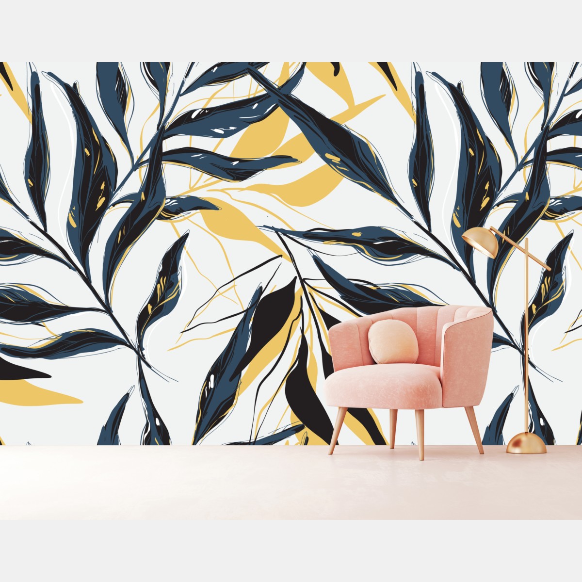 Wall mural navy and gold botanical leaf pattern