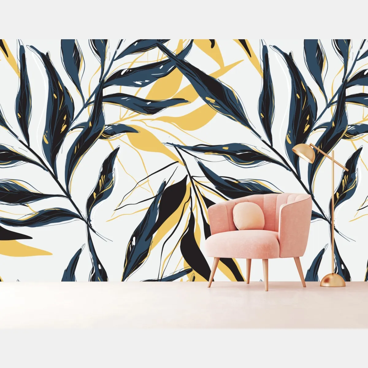 Fototapeta granatowo-złoty botaniczny wzór liści – Wallissimo® Fototapeta granatowo-złoty botaniczny wzór liści – Wallissimo®