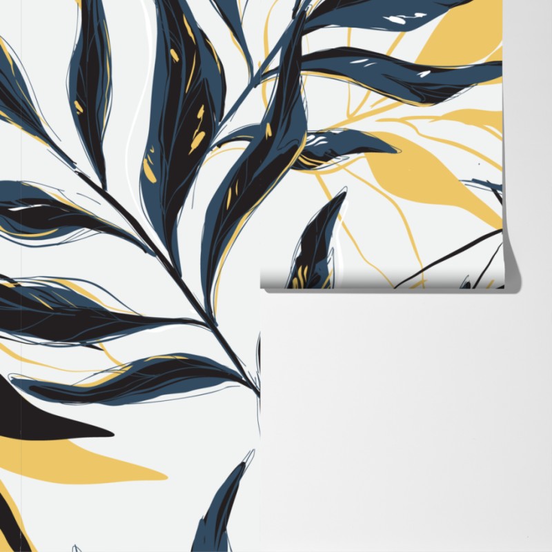 Fototapeta granatowo-złoty botaniczny wzór liści – Wallissimo® Fototapeta granatowo-złoty botaniczny wzór liści – Wallissimo®