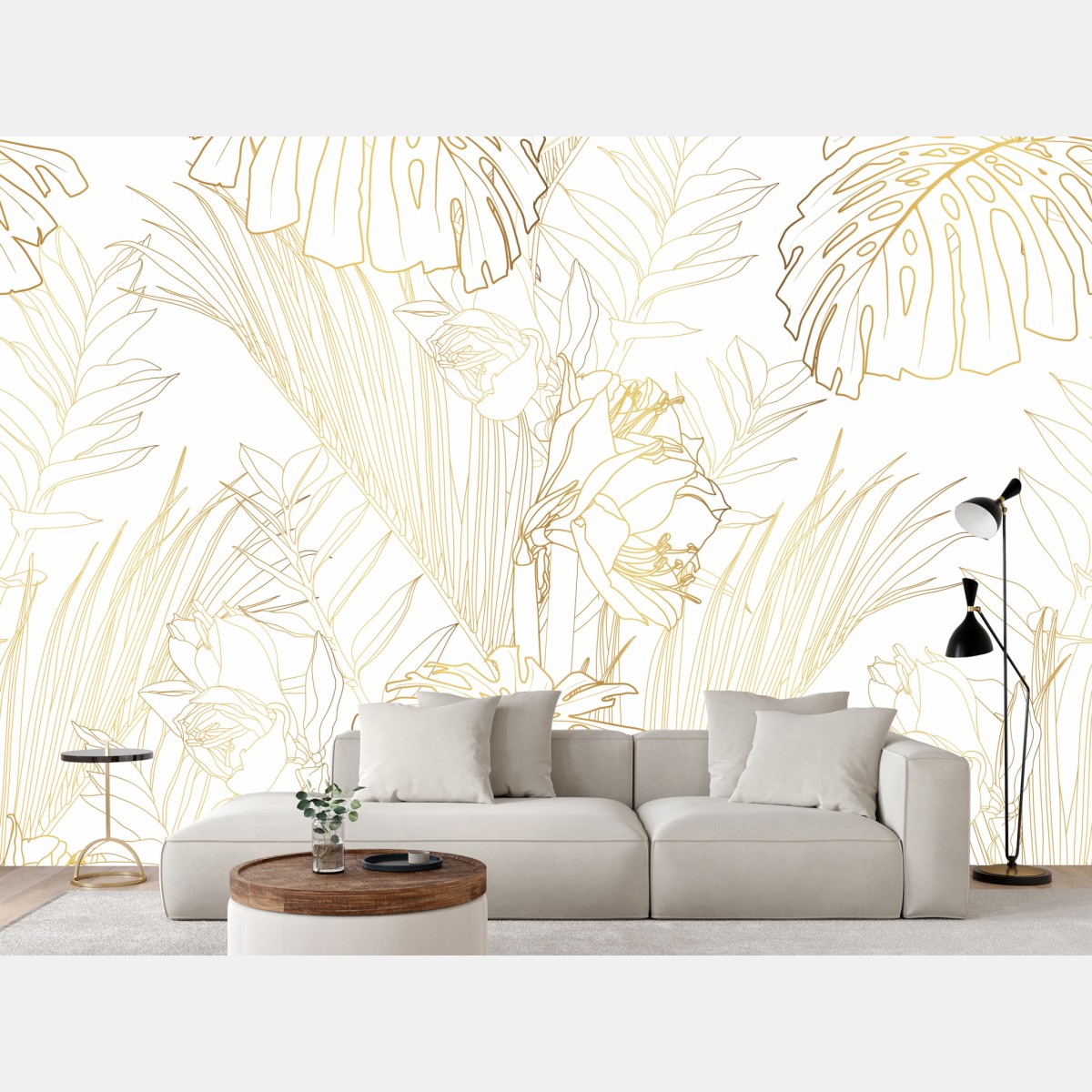 Wall mural golden tropical leaves pattern