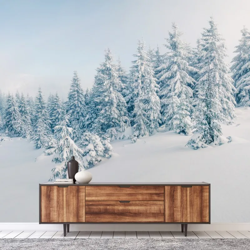 Fototapeta zimowa panorama lasu z zaśnieżonymi jodłami