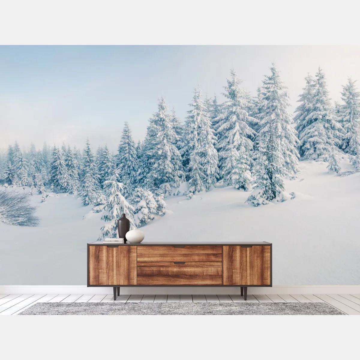 Fototapeta zimowa panorama lasu z zaśnieżonymi jodłami – Wallissimo® Fototapeta zimowa panorama lasu z zaśnieżonymi jodłami – Wallissimo®