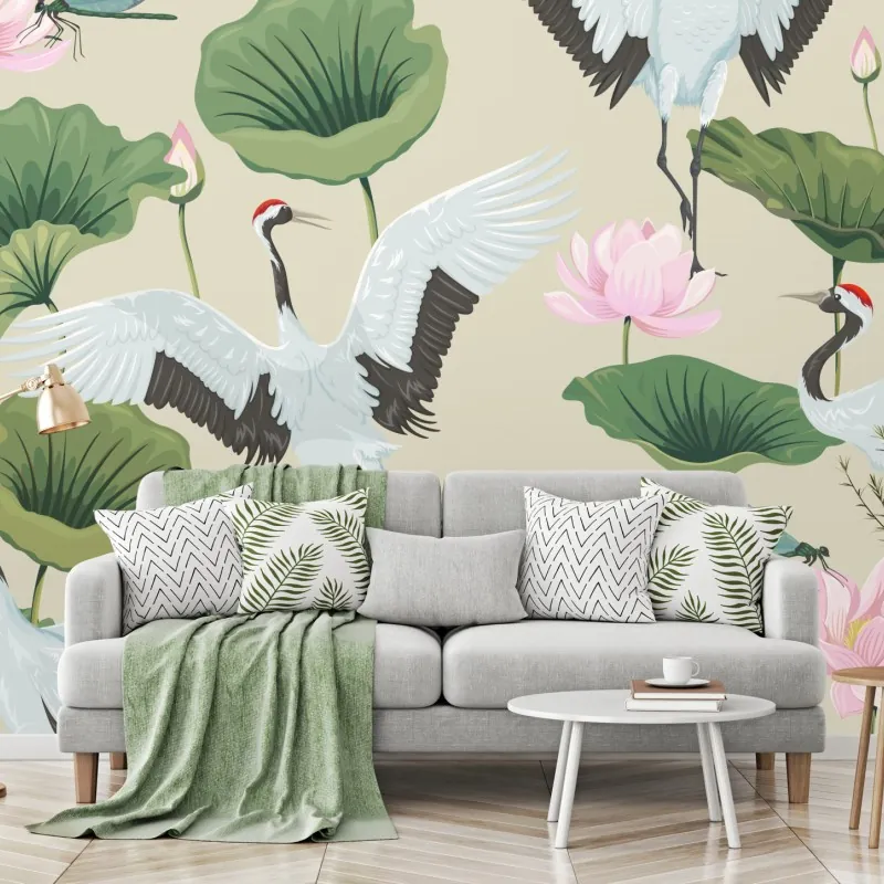 Fototapeta elegancki wzór z żurawiami i lotosami – Wallissimo® Fototapeta elegancki wzór z żurawiami i lotosami – Wallissimo®
