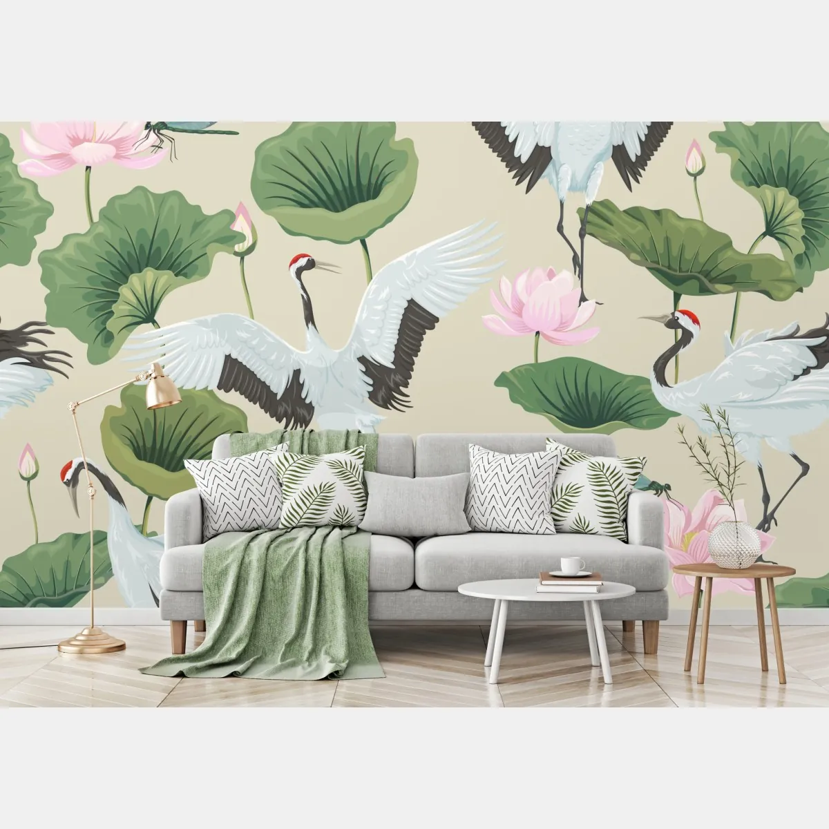Fototapeta elegancki wzór z żurawiami i lotosami – Wallissimo® Fototapeta elegancki wzór z żurawiami i lotosami – Wallissimo®