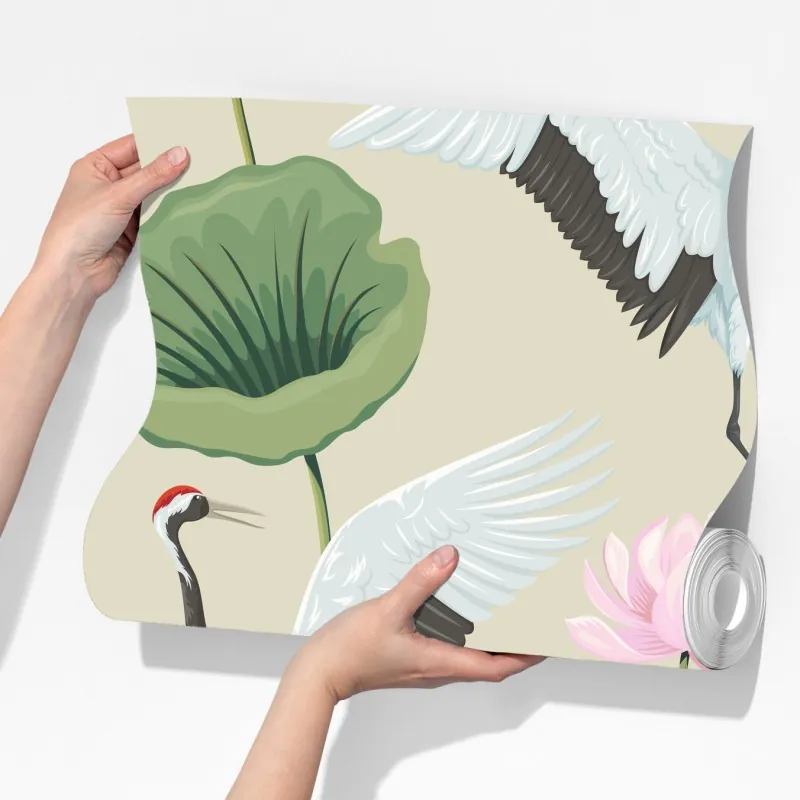 Fototapeta elegancki wzór z żurawiami i lotosami – Wallissimo® Fototapeta elegancki wzór z żurawiami i lotosami – Wallissimo®