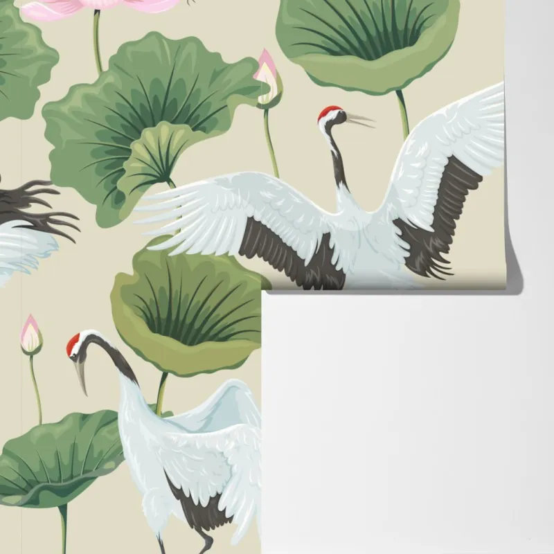 Fototapeta elegancki wzór z żurawiami i lotosami – Wallissimo® Fototapeta elegancki wzór z żurawiami i lotosami – Wallissimo®