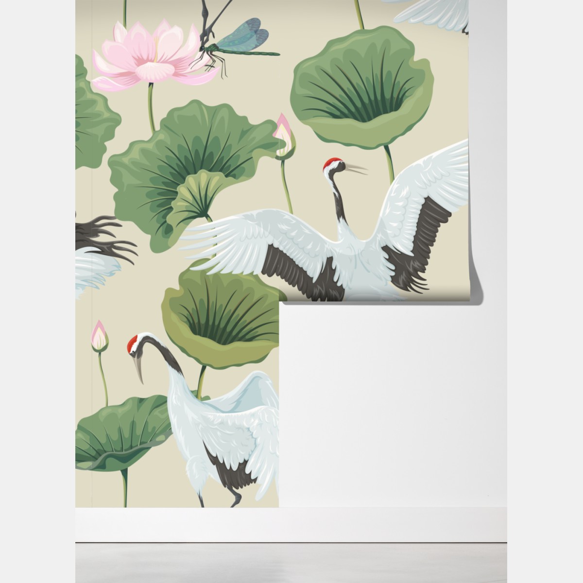 Fototapeta elegancki wzór z żurawiami i lotosami – Wallissimo® Fototapeta elegancki wzór z żurawiami i lotosami – Wallissimo®