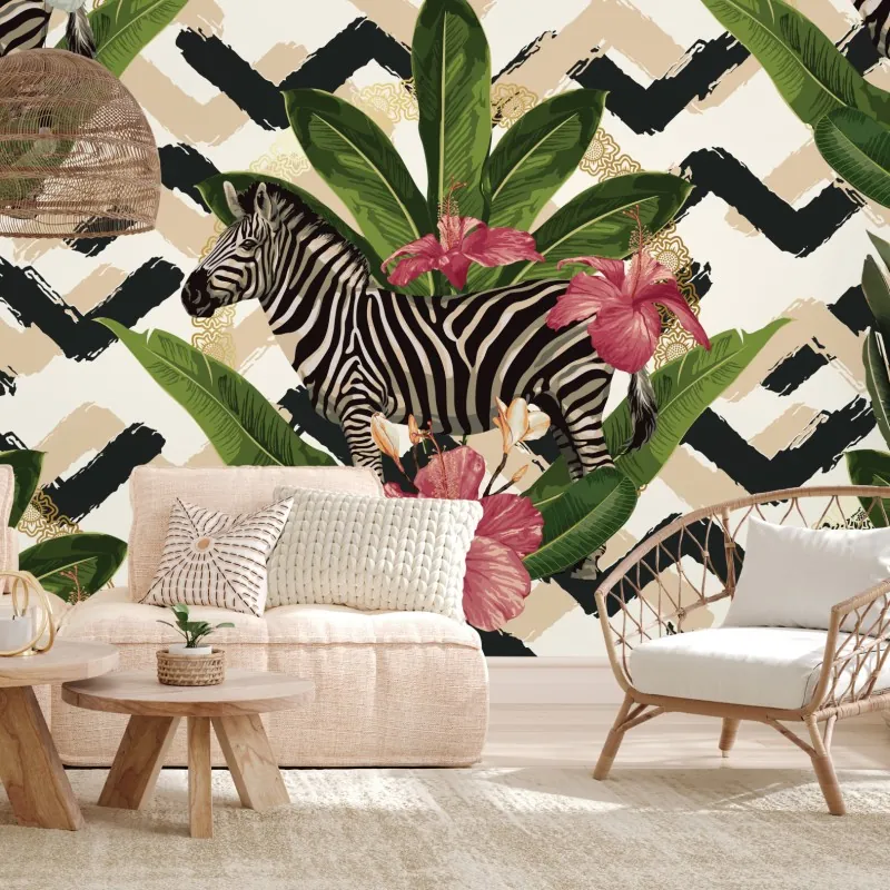 Fototapeta vintage tropikalny wzór z zebrą i hibiskusem