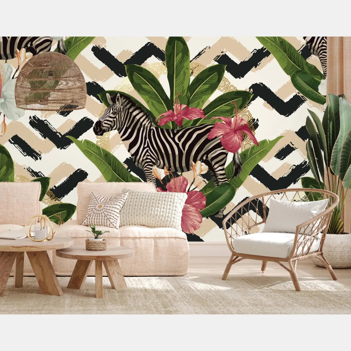 Fototapeta vintage tropikalny wzór z zebrą i hibiskusem – Wallissimo® Fototapeta vintage tropikalny wzór z zebrą i hibiskusem – Wallissimo®