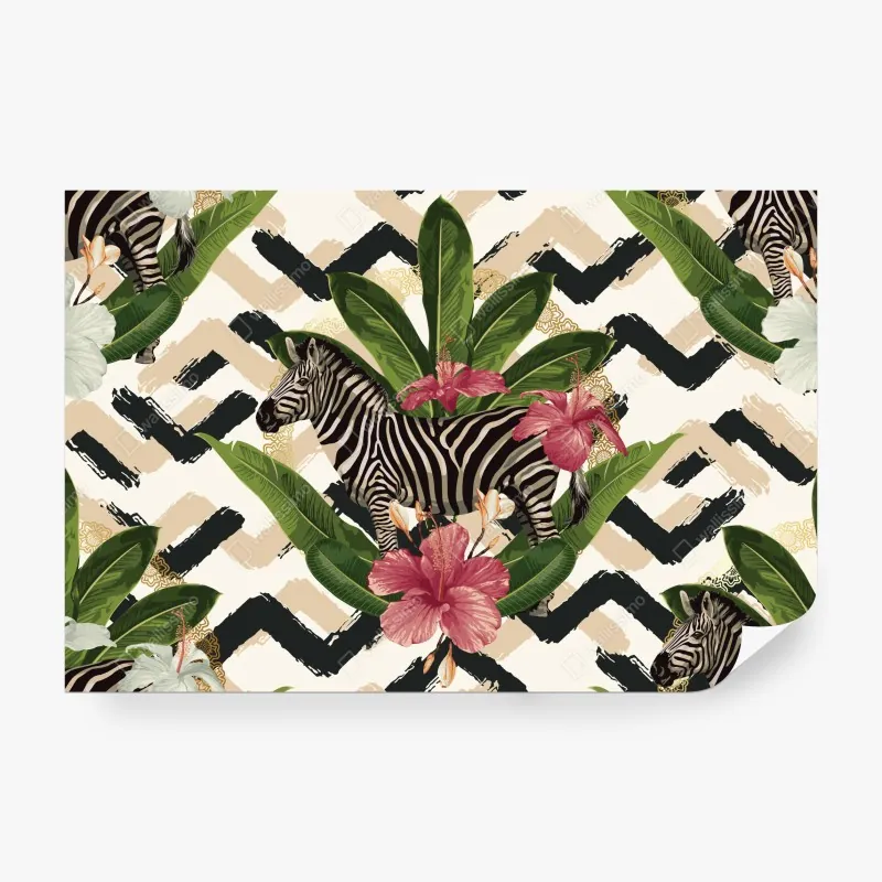 Fototapeta vintage tropikalny wzór z zebrą i hibiskusem