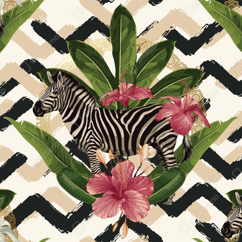 Fototapeta vintage tropikalny wzór z zebrą i hibiskusem – Wallissimo® Fototapeta vintage tropikalny wzór z zebrą i hibiskusem – Wallissimo®