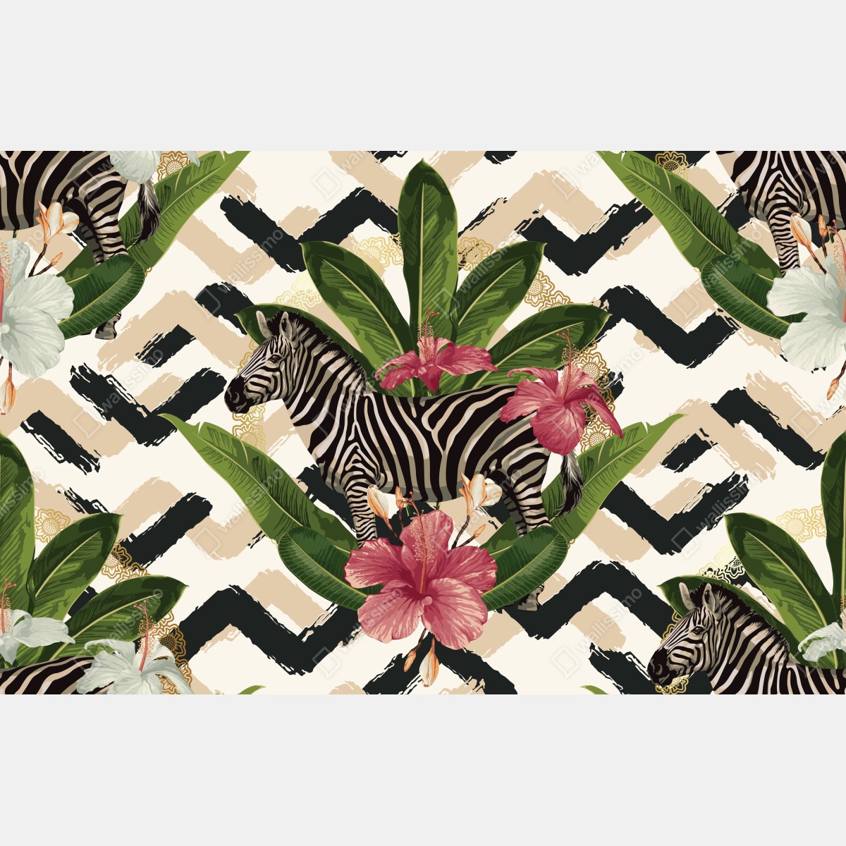 Fototapeta vintage tropikalny wzór z zebrą i hibiskusem – Wallissimo® Fototapeta vintage tropikalny wzór z zebrą i hibiskusem – Wallissimo®