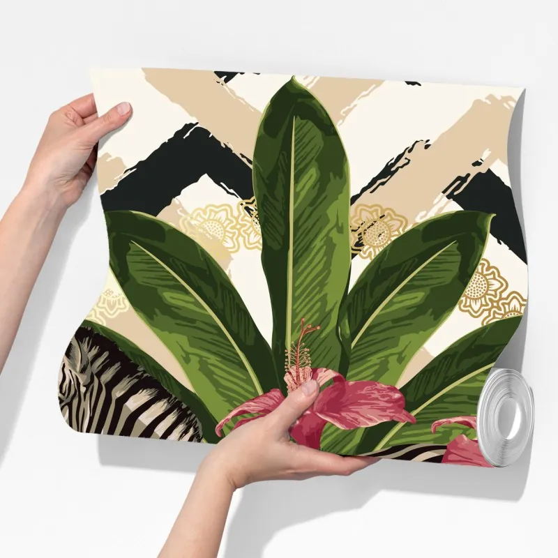 Fototapeta vintage tropikalny wzór z zebrą i hibiskusem – Wallissimo® Fototapeta vintage tropikalny wzór z zebrą i hibiskusem – Wallissimo®