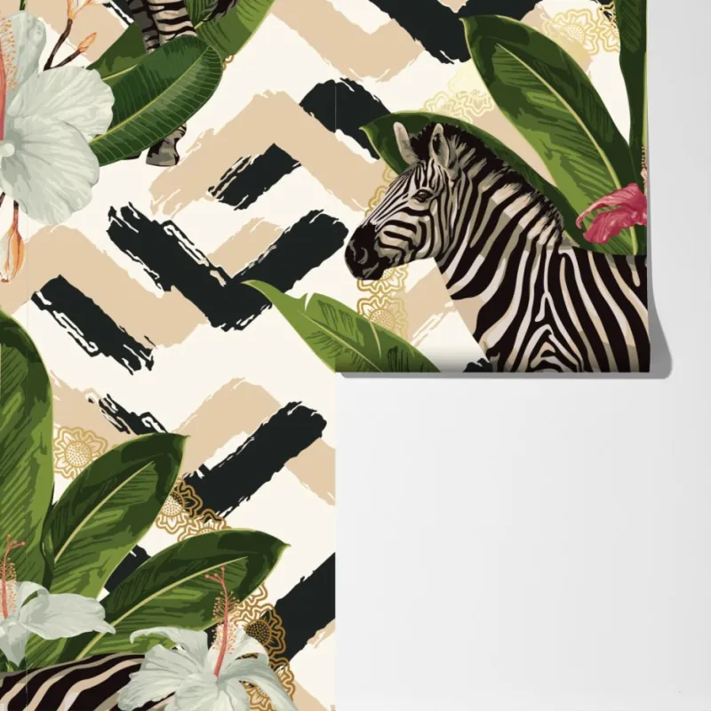 Fototapeta vintage tropikalny wzór z zebrą i hibiskusem – Wallissimo® Fototapeta vintage tropikalny wzór z zebrą i hibiskusem – Wallissimo®