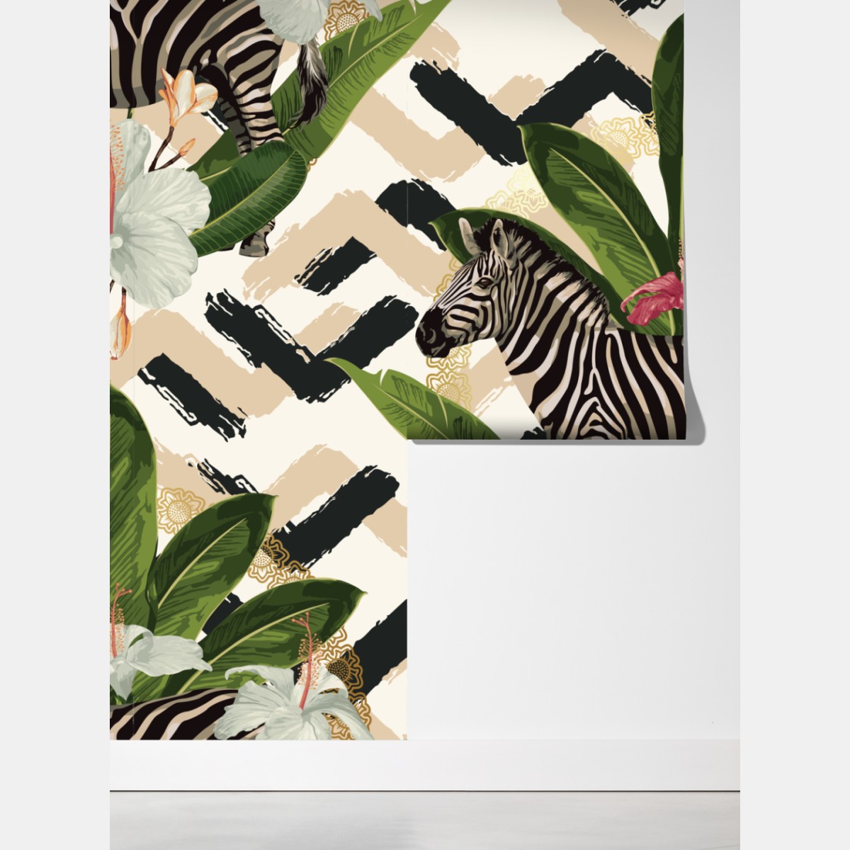 Fototapeta vintage tropikalny wzór z zebrą i hibiskusem – Wallissimo® Fototapeta vintage tropikalny wzór z zebrą i hibiskusem – Wallissimo®
