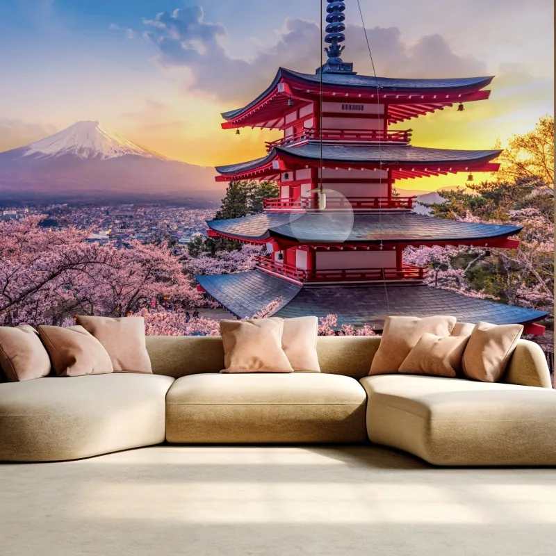 Fototapeta zachód słońca nad Górą Fudżi i pagodą Chureito