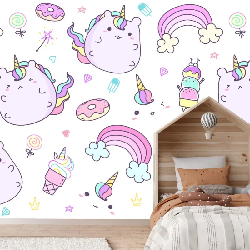 Fototapeta zabawny pastelowy wzór z jednorożcowym kotem