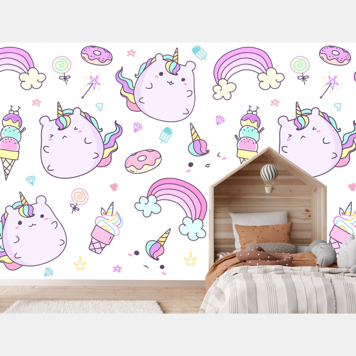 Wall mural playful pastel unicorn cat pattern