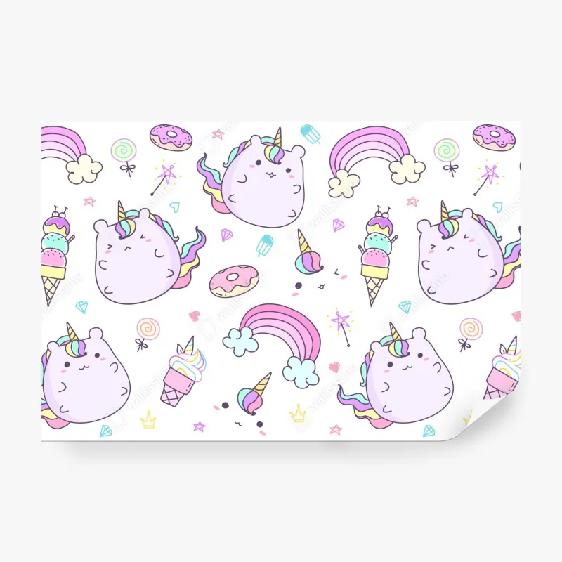 Fototapeta zabawny pastelowy wzór z jednorożcowym kotem